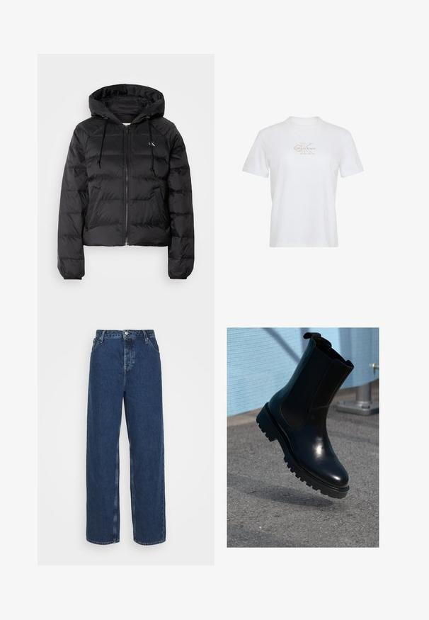 Calvin Klein Jeans LIGHTWEIGHT LOGO PUFFER - Zimná bunda - black; Biele bavlnené tričko s krátkymi rukávmi, okrúhlym výstrihom a zlatým potlačeným logom Calvin Klein na prednej strane.; Tmavomodré rifľové nohavice s širokými nohavicami a vysokým pásom, s uzatváraním na gombík a zips, dizajnom s piatimi vreckami a rovnými nohavicami od bedra po lem.; Čierna kožená členková čižma s elastickými bočnými panelmi, zaoblenou špičkou a hrubou, texturovanou podrážkou. Hladké prevedenie s minimalistickým dizajnom.
