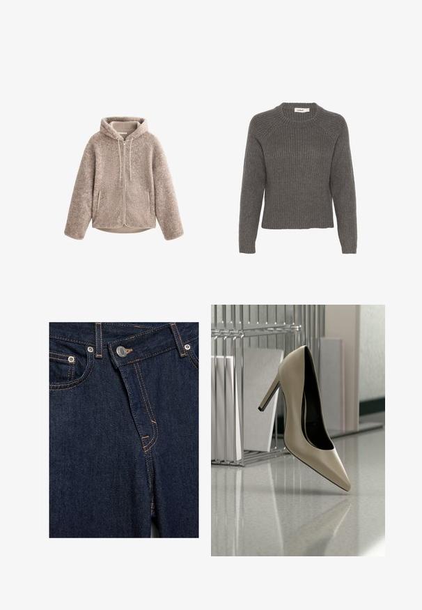 Beige fleece jack met een capuchon, met een ritssluiting aan de voorkant, gestructureerde stof en twee zijzakken. Zacht, warm materiaal en een ontspannen pasvorm.; Grijze geribde trui met een ronde hals en lange raglanmouwen. Zachte textuur en een ontspannen pasvorm. Label zichtbaar bij de halslijn.; Close-up van donkerblauwe spijkerbroek voorkant met metalen knoop, ritssluiting, voorzakken en oranje stiksel.; Beige hoge hak schoen in balans op de hiel op een glanzend oppervlak naast een metalen ordner met documenten.