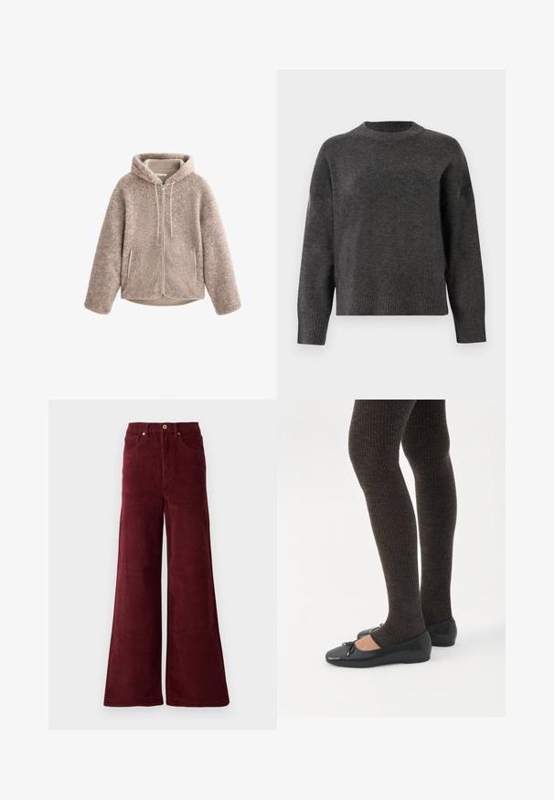Béžová fleece bunda s kapucňou, s predným zipsom, textúrovanou tkaninou a dvoma bočnými vreckami. Mäkký, teplý materiál a voľný strih.; Tmavošedý pletený sveter s dlhými rukávmi, zaobleným výstrihom a rebrovanými manžetami a lemom. Hladká textúra s mierne voľným strihom.; Široké nohavice z kordu v burgundskej farbe, s vysokým pásom, prednými vreckami a zapínaním na gombík. Textúrovaná rebrová látka po celom povrchu.; Nohy v tmavých pásikavých legínach v kombinácii s čiernymi balerínkami s malými mašličkami na bielom pozadí.