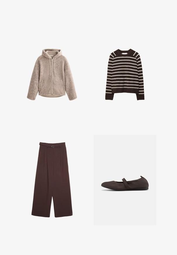 Beige fleece-takki, jossa on huppu, vetoketjukiinnitys, teksturoitu kangas ja kaksi sivutaskua. Pehmeää, lämpimää materiaalia ja rento malli.; Ruskea ja valkoraidallinen neulepaita, valmistettu pehmeästä materiaalista, jossa on pyöreä pääntie, resorit hihansuissa ja lyhyt leikkaus.; Stradivarius SMART WIDE-LEG WITH BUCKLE DETAIL - Housut - dark brown; Ruskea ballerinatossu, jossa on joustava nauha ja pyöreä kärki, valkoisella taustalla sivulta kuvattuna.