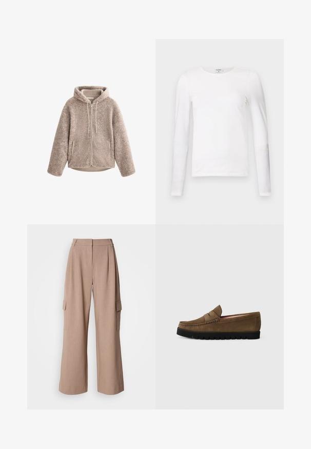 Beige fleece-takki, jossa on huppu, vetoketjukiinnitys, teksturoitu kangas ja kaksi sivutaskua. Pehmeää, lämpimää materiaalia ja rento malli.; Valkoinen pitkähihaisen t-paita, joka on valmistettu pehmeästä puuvillasta. Sen pyöreä kaula-aukko ja slim-fit -muotoilu huomaavat siistit saumat ilman näkyviä kuvioita.; Beige levelehäppne lastetaskudega püksid, millel on ees voldid, kaks küljetaskut ja tugev kangas. Omab kõrget vööd ja sirget sobivust all.; Ruske mokasiner av suede med rund tå, elastisk bånddetalj og teksturert svart gummisåle. Interiøret har en myk rosa fôr.
