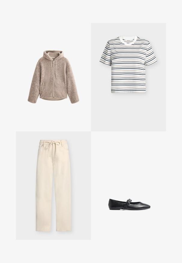 Veste en polaire beige avec capuche, dotée d'une fermeture éclair sur le devant, d'un tissu texturé et de deux poches latérales. Matériau doux et chaud avec une coupe décontractée.; T-shirt blanc à manches courtes avec des rayures horizontales beige, bleu clair, bleu marine et noir. Encolure ras-du-cou avec un col côtelé plat.; Pantalon beige à jambes larges avec poches avant, passants de ceinture et lien à nouer à la taille sur un fond uni.; Ballerines en cuir noir avec bout pointu et une bride unique ornée d'une boucle. Texture lisse et design minimaliste.