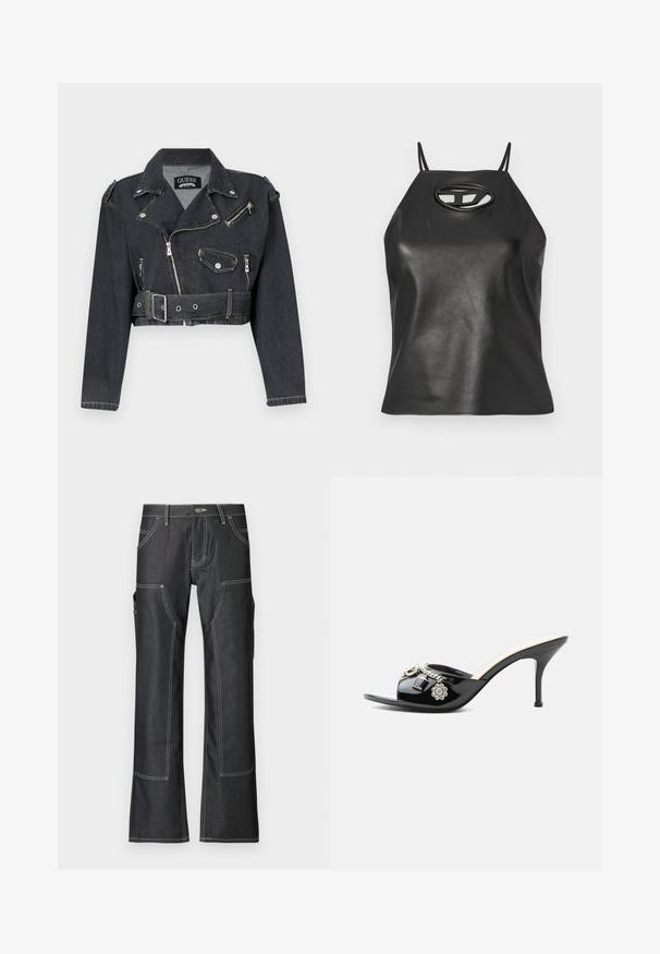 Kurze schwarze Jeans-Bikerjacke mit silbernen Reißverschlüssen, Druckknöpfen und einem taillierten Gürtel. Sie verfügt über Schulterklappen und ein markantes Kragen design.; Schwarzes Kunstleder-Tanktop mit dünnen Trägern, einem Halterneck und einer ovalen Aussparung im Brustbereich. Glatte Textur, taillierte Passform.; Dunkelblaue Cargo-Hosen aus Denim mit weißer Kontrastnaht, ausgestattet mit mehreren Taschen und einem schmal zulaufenden Bein-Design. Robustes Material und Metallknopf-Verschluss.; Schwarzer Lackleder High-Heel Mule mit offenem Zehenbereich und dekorativen silbernen Anhängern, darunter eine Blume und ein Vorhängeschloss am vorderen Riemen.