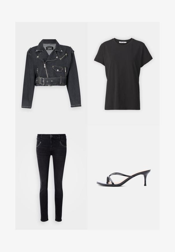 Kurze schwarze Jeans-Bikerjacke mit silbernen Reißverschlüssen, Druckknöpfen und einem taillierten Gürtel. Sie verfügt über Schulterklappen und ein markantes Kragen design.; Schwarzes Baumwoll-T-Shirt mit klassischem Rundhalsausschnitt, kurzen Ärmeln und lockerer Passform. Glatte Textur, keine sichtbaren Muster oder Akzente.; Schwarze Denim-Jeans mit schmalem Schnitt, ausgestattet mit Fronttaschen und leichten Nähakzenten. Glatte Textur und gerade Beinform. Keine Verzierungen.; Schwarze Peeptoe-Sandale aus Lackleder mit dünnen, gekreuzten Riemen und einem schlanken, mittelhohen Stilettoabsatz vor weißem Hintergrund.