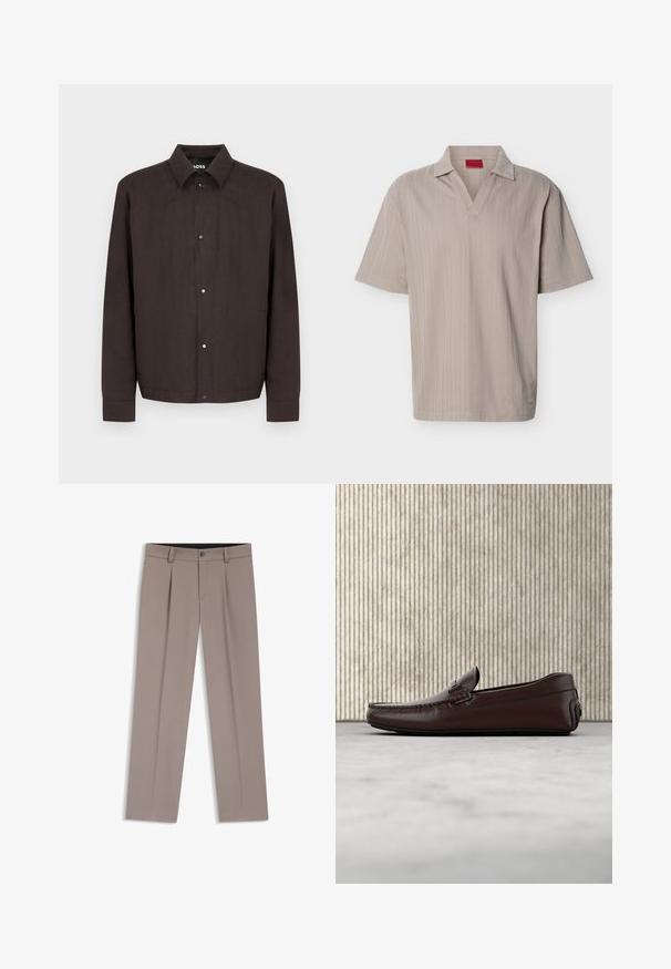 Veste pour homme marron foncé à boutons, avec col et manches longues, présentée sur un fond clair uni.; Polo en maille beige à manches courtes avec un motif rayé vertical texturé et un col en V ouvert.; Pantalon homme sur mesure de couleur marron clair avec passants de ceinture, plis, bouton à l'avant et braguette zippée, posé à plat sur un fond blanc.; Mocassins en cuir marron avec une finition lisse, des coutures de style mocassin, un bout rehaussé et une semelle en caoutchouc basse et flexible.