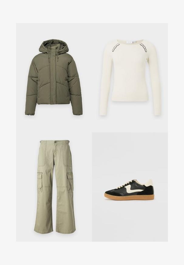 Olive roheline puhvjaket, millel on kapuuts, iseloomulikud tikandpaneelid, esine tõmblukk ja nööraktsendid. Pehme, vatiine tekstuur.; Ribaga pikka varrukaga topp off-white värvuses, ümmarguse kaelusega ja kontrastsete mustade aktsentidega õlgadel. Kootud tekstuur, nahakujuline disain.; Kerged kargomustriga püksid laia lõikega, kahel küljetaskul, esimesel nööbiga sulgusel ja laia säärega. Puuvillane kangas, millel on sile tekstuur.; Must musta ja nahast sneakersid, millel on koorevärvi külgsuund ja hele koorik. Omab beeži paelu ja kummi kummist välistalla.