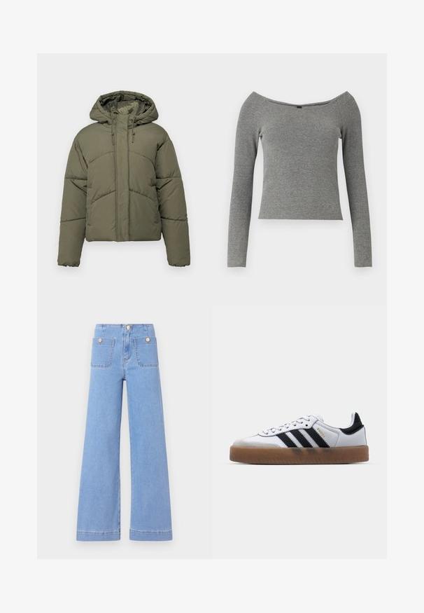 Ελαιόχρωμο σακάκι τύπου puffer με κουκούλα, διαθέτει από quilted πάνελ, μπροστινό φερμουάρ και λεπτομέρειες με κορδόνια. Μαλακή, επενδεδυμένη υφή.; Γκρι ριγέ μπλούζα με μακριά μανίκια και ανοιχτό λαιμό, εφαρμοστή σχεδίαση και λεία υφή. Χωρίς ορατά αξεσουάρ ή μοτίβα.; Ανοιχτό μπλε φαρδύ παντελόνι τζιν με ψηλή μέση, δύο πίσω τσέπες και κουμπιά σε χρυσό τόνο. Κατασκευασμένο από τζιν με λεία υφή και καθαρό φινίρισμα.; Λευκά δερμάτινα αθλητικά παπούτσια με μαύρες ρίγες, σόλα από καουτσούκ γκιομ, στρογγυλή μύτη, κλείσιμο με κορδόνια και μαλακή γκρι σουέτ μύτη.