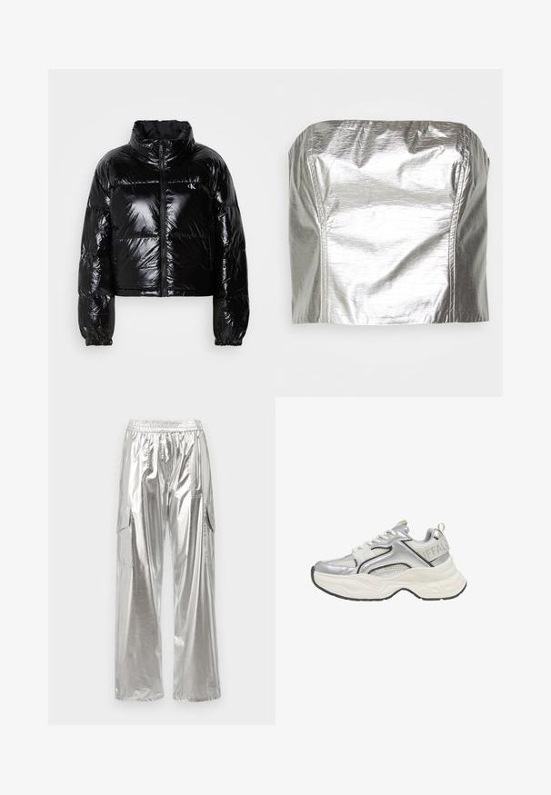 Doudoune noire avec une texture brillante et lisse, design cropped, col haut et poignets élastiqués. Comprend une fermeture éclair à l'avant et un détail de logo.; Gina Tricot TUBE - Débardeur - silver-coloured; MCM METALLIC PANTS - Pantalon cargo - silver; Baskets épaisses argent et blanc avec détails en mesh et cuir, semelle blanche épaisse, et logo "BUFFALO" sur la bride du talon.