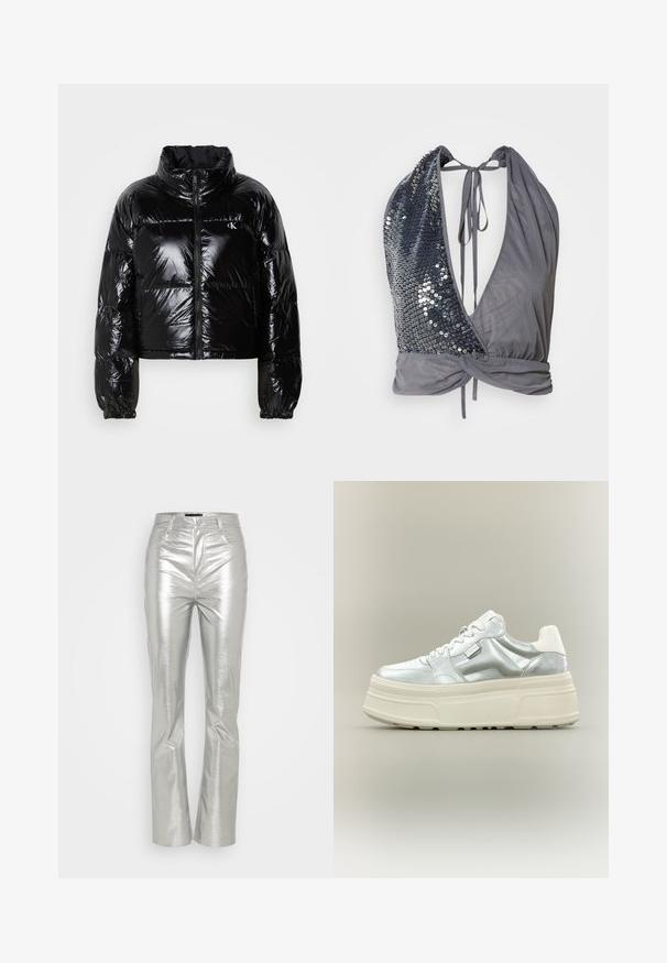 Doudoune noire avec une texture brillante et lisse, design cropped, col haut et poignets élastiqués. Comprend une fermeture éclair à l'avant et un détail de logo.; Top à col halter en tissu gris avec un décolleté en V profond. Un côté présente des sequins noirs, tandis que l'autre est lisse avec un détail noué dans le dos.; Gina Tricot TROUSERS - Pantalon classique - silver; Baskets à plateforme épaisses avec dessus argent métallisé, lacets blancs et semelle épaisse texturée crème, présentées en profil sur fond neutre.