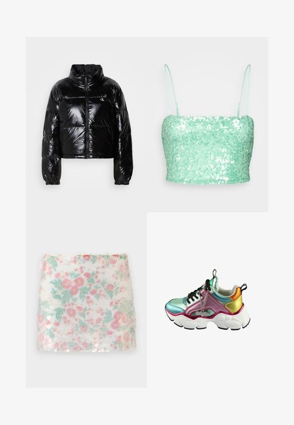 Must värviline sulejope, millel on sädelev, sile tekstuur, lühendatud disain, kõrge krae ja elastsed mansetid. Ees on lukk ja logodetail.; Gina Tricot CROP - Topp - light green; Lillelilledega valge kangas, millel on pastellroosad ja rohelised õied, esitades tekstuurset pinda ja kergeid litrite detail koos alumise äärisega.; Mitmevärviline toss, millel on läikiv pealis, koosseisus piparmündiroheline, roosa ja kuldne. Paks valge tallaga, mustade aktsentidega ja ahelsüsteemiga detail.