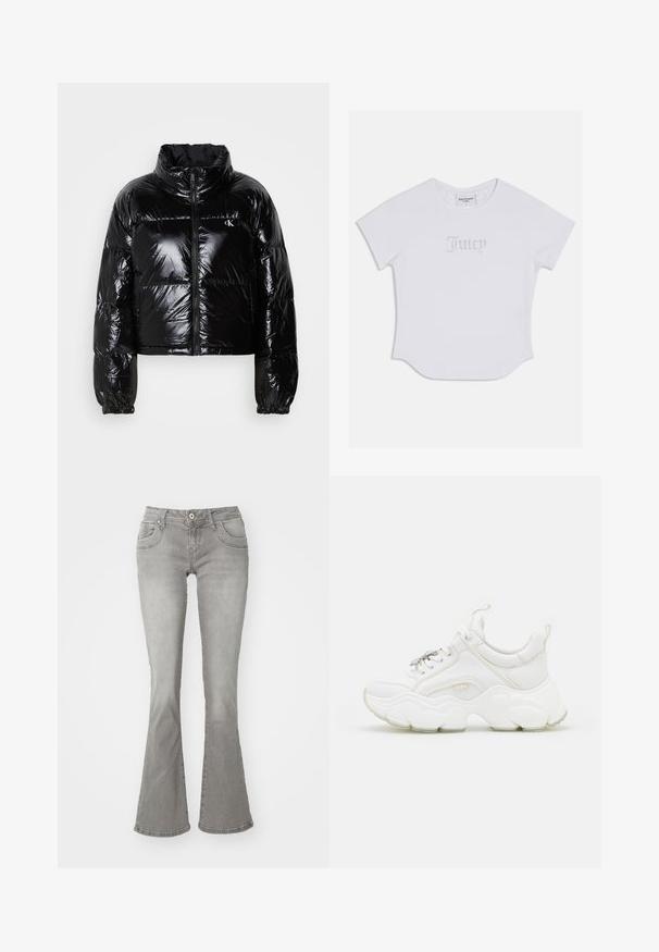 Doudoune noire avec une texture brillante et lisse, design cropped, col haut et poignets élastiqués. Comprend une fermeture éclair à l'avant et un détail de logo.; T-shirt blanc à manches courtes avec un ourlet arrondi, arborant "Juicy" en embellissements en cristaux sur le devant. Matière en coton doux.; Jeans gris évasés avec une taille mi-haute, poches avant et fermeture à bouton, fabriqués en denim avec une texture lisse.; Baskets blanches chunky en cuir et mesh, dotées d'une semelle épaisse, d'un bout arrondi et de lacets décoratifs. Accents légèrement texturés.