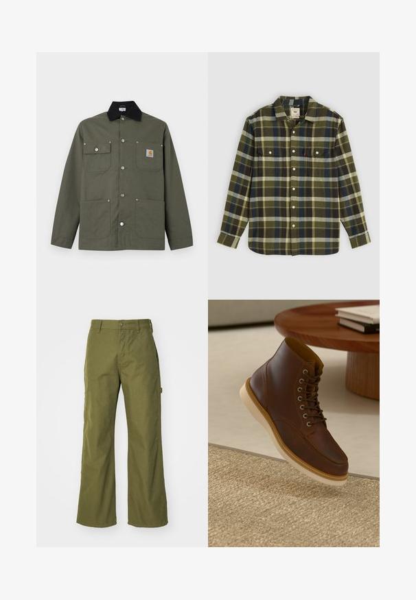 Grøn lærredsjakke med sort krave, fire forlommer, lukning med trykknapper og et lille Carhartt-logo på brystlommen.; Grønternet flannel skjorte med lange ærmer, med to brystlommer og hvide knapper. Materialet har en blød tekstur og et afslappet design.; Oliven grønne bukser med bred ben, lavet af slidstærkt stof, med knaplukning, sidelommer og lige kantdesign.; Brune læderankelstøvle med beige sål på et struktureret beige tæppe ved siden af et rundt træbord med stakke af bøger.