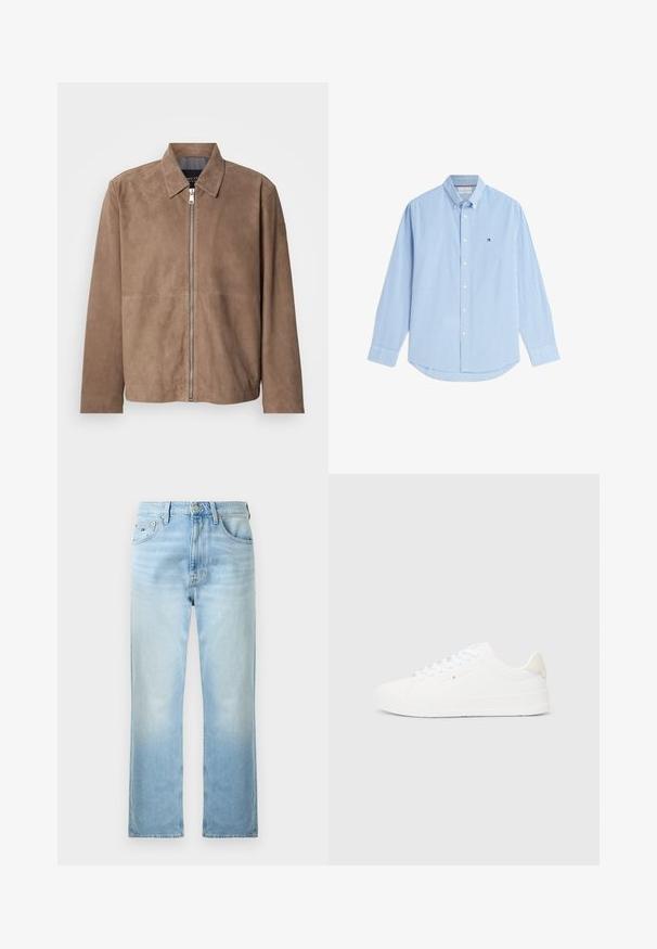 Veste en daim marron avec col, fermeture zippée à l'avant et manches longues. Le tissu a une texture lisse et présente peu de coutures.; Chemise à manches longues à carreaux bleu clair et blanc avec col et petit logo sur la poitrine gauche.; Jean bleu clair à jambes droites avec poches avant, passants de ceinture et fermeture par bouton sur fond blanc uni.; Baskets basses blanches avec lacets blancs, talon beige et petit logo Tommy Hilfiger sur le côté.