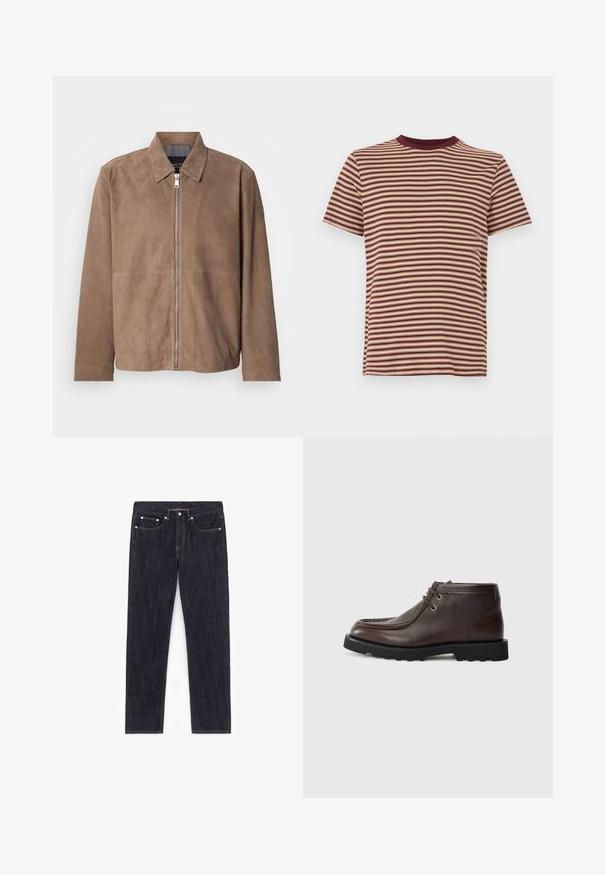 Veste en daim marron avec col, fermeture zippée à l'avant et manches longues. Le tissu a une texture lisse et présente peu de coutures.; T-shirt en coton à manches courtes avec un motif de fines rayures horizontales en marron et beige, doté d'un col rond marron.; Jean en denim foncé avec une coupe droite, cinq poches, quincaillerie en cuivre et coutures contrastées. Aucun effet vieilli ni embellissements visibles.; Bottines en cuir marron avec un bout arrondi, dotées d'œillets en métal pour les lacets, de détails cousus et d'une semelle en caoutchouc noire robuste.