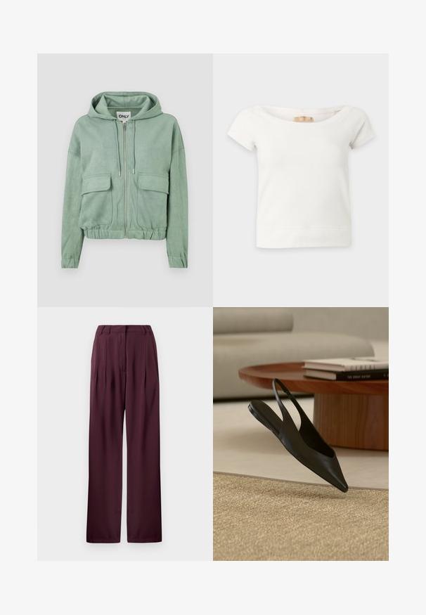 Mintgroene ritshoodie van zachte stof, met een trekkoordkap, twee voorzakken en een gathered zoom.; Witte cropped top met korte mouwen en brede halslijn, met zichtbaar Hollister-merkje aan de binnenkant van de kraag, plat neergelegd op een effen achtergrond.; Hoge taille wijde broek in donkerpaars met riemlussen en geplooide voorkant.; Zwarte platte slingback schoen met puntige neus bij een ronde houten tafel met gestapelde boeken op een beige tapijt in een modern woonkamertje.