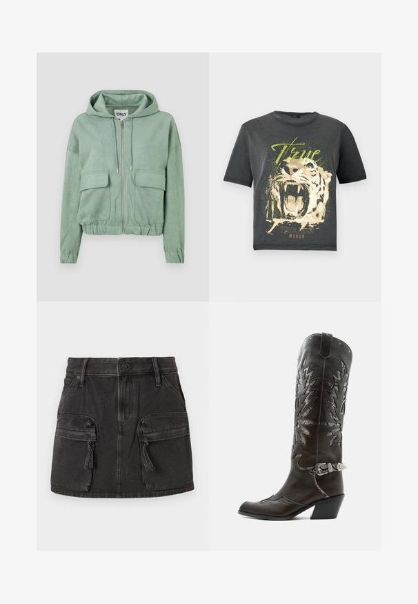 Mintgroene ritshoodie van zachte stof, met een trekkoordkap, twee voorzakken en een gathered zoom.; JDY JDYFAROCK ELINA - T-shirt print - black; Zwarte jeansrok met een aansluitende taille, twee voorste cargozakken en een vervaagde textuur. Voorzien van een knoopsluiting en riemlussen.; Zwarte leren cowboylaars met decoratieve uitsnijdingen, zilveren gesp en schuine hak, weergegeven op een witte achtergrond.