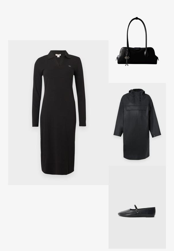 Schwarze wasserdichte oversized Parka mit hohem Kragen, verstellbarer Kapuze, eingeknöpftem Frontverschluss und einer großen Brusttasche. Glatte Textur.; Schwarzes langärmliges Kleid mit Kragen, das ein V-Ausschnitt-Design und eine schlanke Passform aufweist. Das Material hat eine gerippte Textur. Enthält ein kleines Logodetail.; Schwarze Leder-Ballettschuhe mit spitzem Schuhzeug, flacher Sohle und einem kleinen Riemen mit silberner Schnalle.; Schwarze Lederhandtasche von Calvin Klein mit langen Henkeln, einem vorderen Logo-Tag und einem silbernen geometrischen Anhänger, der an einem Henkel hängt.