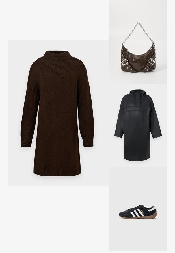 Parka surdimensionnée imperméable noire avec un col haut, une capuche ajustable, un rabat à boutons sur le devant et une grande poche poitrine. Texture lisse.; Robe pull en tricot marron foncé à manches longues, avec un col montant côtelé et des poignets, présentée sur un fond clair.; Baskets en daim noir avec trois bandes blanches, semelle en caoutchouc beige, et un petit logo doré sur le côté. Dotées d'une doublure intérieure noire lisse.; Sac à main en cuir verni marron foncé avec une bandoulière en chaîne argentée, des ceintures décoratives à double boucle et une fermeture éclair.