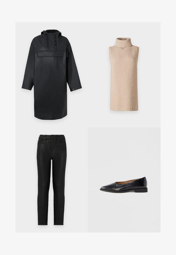 Parka negra impermeable de gran tamaño con un alto cuello, capucha ajustable, tapeta de botones en la parte delantera y un gran bolsillo en el pecho. Textura suave.; Top sin mangas de color beige con textura acanalada, que presenta un cuello alto y una silueta recta, todo ello sobre un fondo liso.; Jeans de mezclilla negra con corte ajustado, con una cintura alta, diseño clásico de cinco bolsillos y una sutil textura brillante. Cierre frontal con botón estándar.; Zapato plano de cuero negro con punta puntiaguda y tacón cuadrado bajo. Textura lisa, diseño minimalista y sin elementos visibles ni patrones.