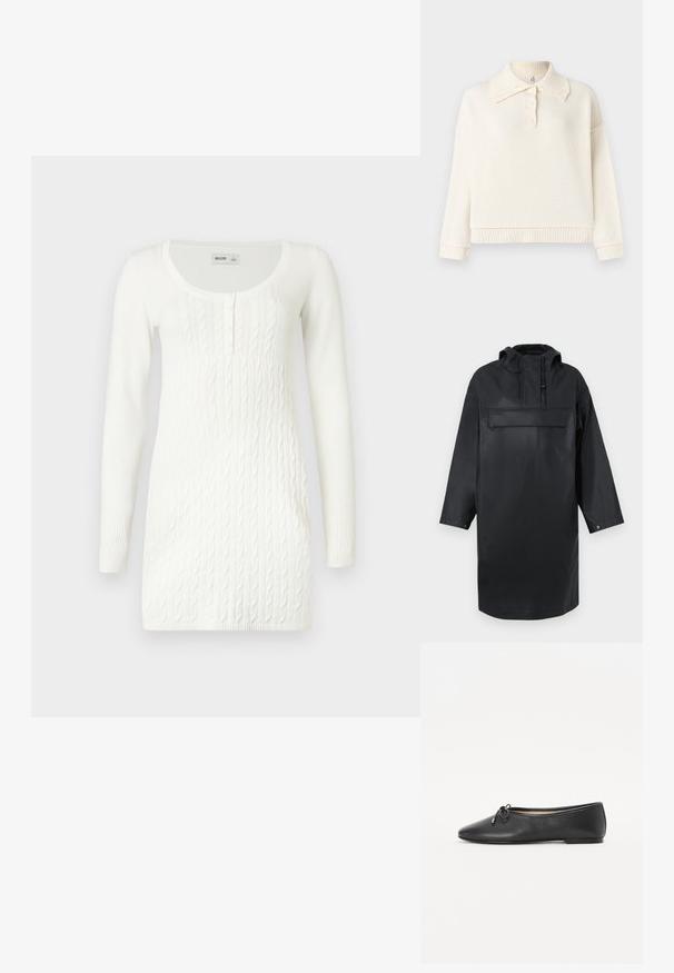 Parka surdimensionnée imperméable noire avec un col haut, une capuche ajustable, un rabat à boutons sur le devant et une grande poche poitrine. Texture lisse.; Pull en créme avec un col et un ourlet côtelés, présentant un décolleté henley à boutons et des manches amples.; Robe-pull en maille blanche à manches longues avec motif torsadé, encolure dégagée et patte de boutonnage sur fond uni.; Ballerine en cuir noir avec un bout rond et un détail de nœud décoratif. Le design présente une texture lisse et un talon bas et plat.