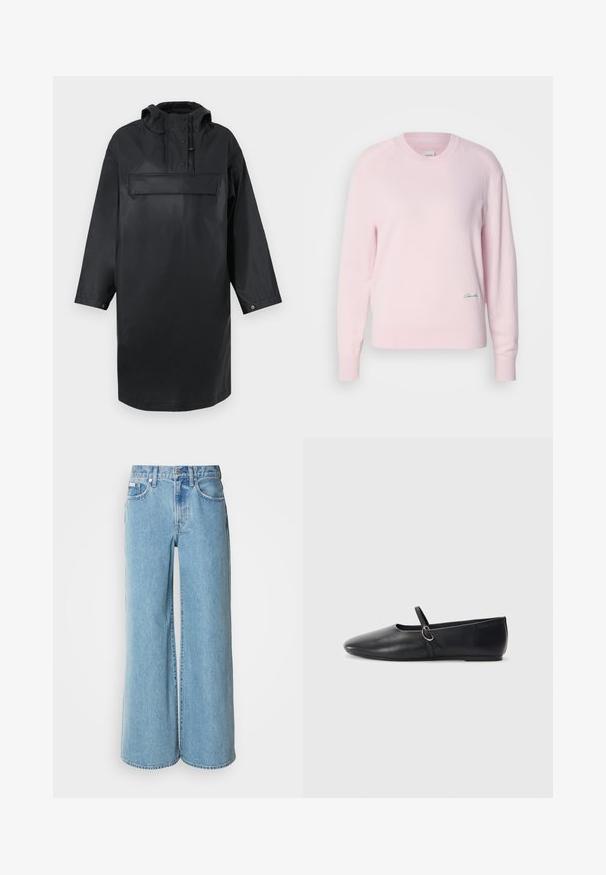 Parka surdimensionnée imperméable noire avec un col haut, une capuche ajustable, un rabat à boutons sur le devant et une grande poche poitrine. Texture lisse.; Pull en rose clair en tricot doux. Il présente un col rond et des manches longues, avec un petit logo vert sur le bas à gauche.; Jean large bleu clair en denim, avec une taille haute, un design à cinq poches et un léger dégradé sur le tissu.; Ballerines noires en cuir avec un bout pointu, une semelle plate et une petite sangle avec un détail de boucle en argent.