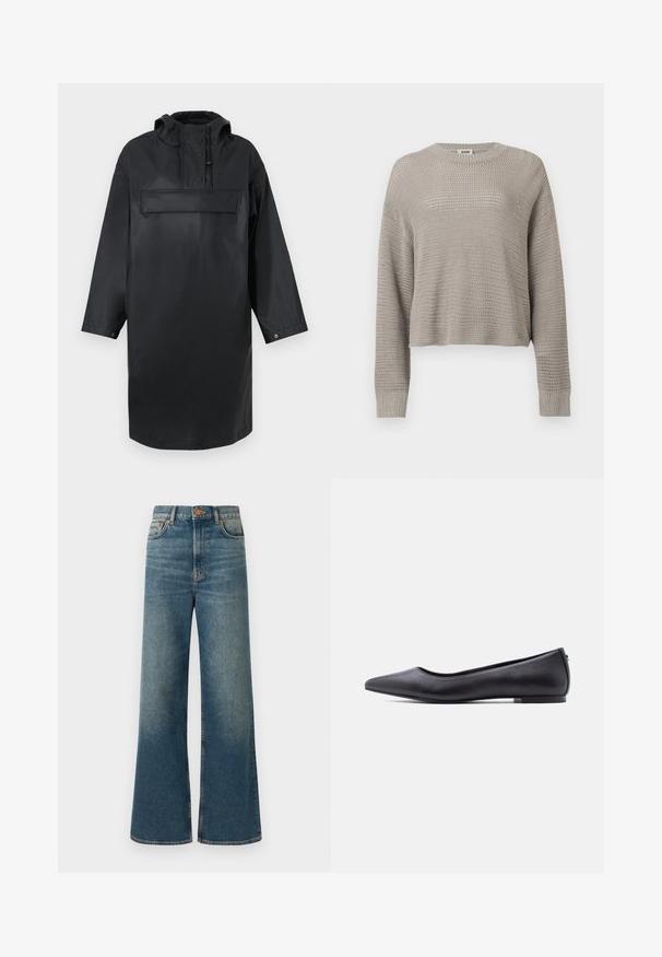 Parka negra impermeable de gran tamaño con un alto cuello, capucha ajustable, tapeta de botones en la parte delantera y un gran bolsillo en el pecho. Textura suave.; Suéter gris claro de punto con mangas largas, cuello redondo y puños acanalados, presenta un patrón suelto de tejido abierto en toda la prenda.; Jeans de pierna ancha en denim azul medio, con cintura alta, diseño de cinco bolsillos y un acabado sutilmente deslavado. Acentos en botón de cobre y costuras.; Zapato plano de cuero negro con punta puntiaguda y tacón bajo, mostrado de perfil contra un fondo blanco.