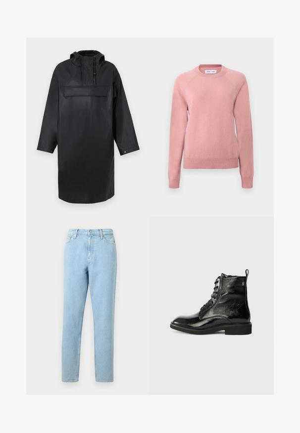 Parka negra impermeable de gran tamaño con un alto cuello, capucha ajustable, tapeta de botones en la parte delantera y un gran bolsillo en el pecho. Textura suave.; Suéter de punto rosa suave de manga larga con cuello redondo, puños y dobladillo acanalados, exhibido sobre un fondo claro y liso.; Pantalones vaqueros de denim azul claro con un corte recto, diseño de cinco bolsillos y cierre de botones. Presentan un ligero desvanecimiento y una textura suave.; Bota de tobillo de cuero negro con acabado brillante, punta redonda, cordones en la parte delantera y un pequeño logo en el costado. Suela plana y altura hasta el tobillo.