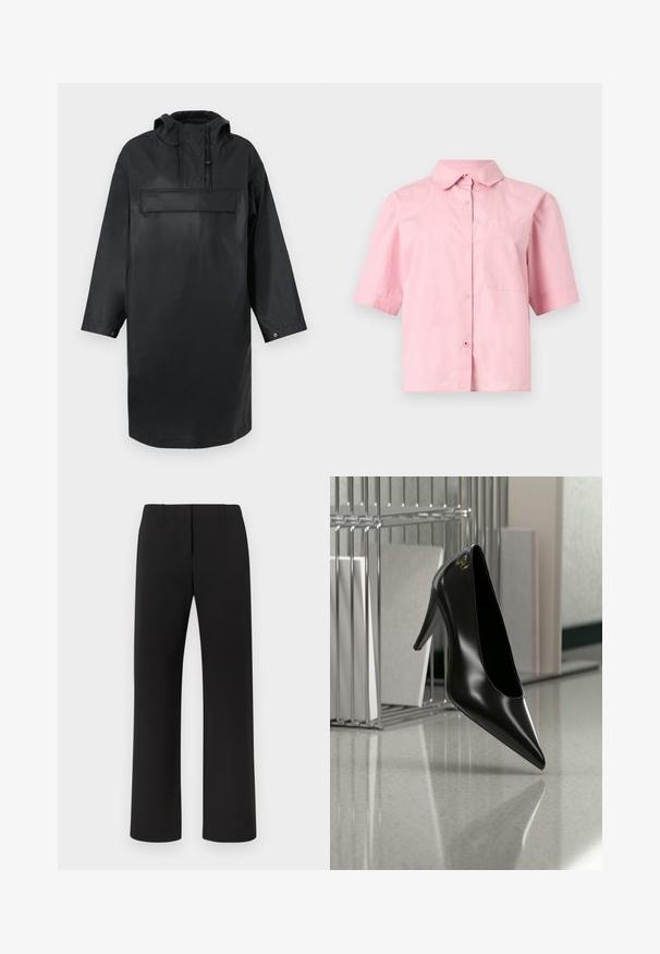 Čierna vodoodolná oversized parka s vysokým golierom, nastaviteľnou kapucňou, predným zapínaním na gombíky a veľkou náprsnej kapsou. Hladká textúra.; Svetloružová krátky rukáv košeľa na gombíky s golierom a náprsným vreckom, zobrazená na jednoduchom svetlosivom pozadí.; Čierne nohavice s dizajnom rovného strihu, s hladkou textúrou, skrytým predným zapínaním a dvoma prednými vreckami.; Čierna lodička na vysokom opätku so špicatou špičkou a zlatým logom, umiestnená na lesklej ploche vedľa chrómového drôteného organizéra na dokumenty.