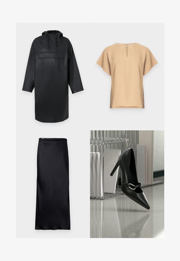 Parka surdimensionnée imperméable noire avec un col haut, une capuche ajustable, un rabat à boutons sur le devant et une grande poche poitrine. Texture lisse.; Blouse beige avec un col en forme de goutte et des manches courtes et larges. Tissu lisse avec une coupe décontractée et un ourlet droit. Design minimaliste.; Jupe noire, longue jusqu'au sol, fabriquée à partir d'un tissu lisse et léger. Présente un design simple avec une taille sans couture et un détail de fermeture éclair.; Chaussure à talon haut noire pointue avec une bride à boucle argentée, placée sur une surface réfléchissante près d’un organiseur métallique contenant des papiers.