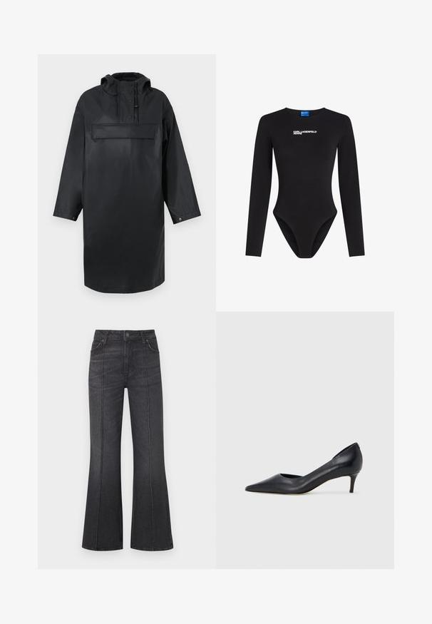 Zwarte waterdichte oversized parka met een hoge kraag, verstelbare capuchon, een voorste knoopsysteem en een grote borstzak. Gladde textuur.; Zwarte lange mouwen bodysuit van soepel materiaal, met een ronde hals en het Karl Lagerfeld Jeans logo in het wit over de borst.; Zwarte wijde jeans met een hoge tailleband, voorzien van voorzakken en contrasterende stiksels langs de naden, gemaakt van denimstof.; Zwarte leren pump met een puntige neus en lage hak. Heeft een gladde textuur en een subtiele glans. Open uitsparing aan de voorkant voor extra detail.