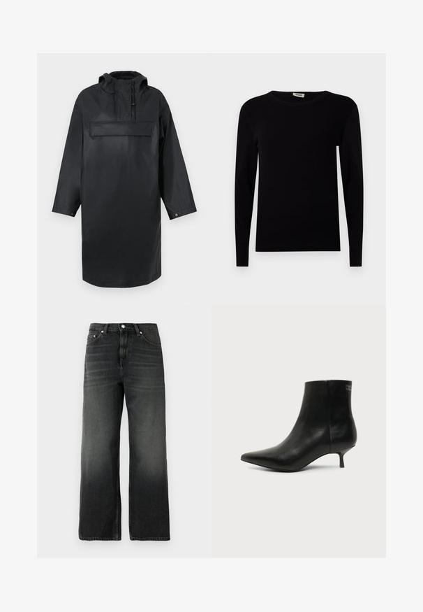 Parka negra impermeable de gran tamaño con un alto cuello, capucha ajustable, tapeta de botones en la parte delantera y un gran bolsillo en el pecho. Textura suave.; Jersey negro de manga larga con cuello redondo, hecho de tela acanalada. Presenta mangas ajustadas y una textura suave. Diseño simple y minimalista.; Jeans de mezclilla negra con un ajuste relajado, diseño de pierna recta, textura desgastada, estilo de cinco bolsillos y cierre de botón plateado en la cintura.; Botín de piel negra con puntera puntiaguda y tacón bajo estilo kitten sobre fondo claro, mostrando vista lateral exterior.