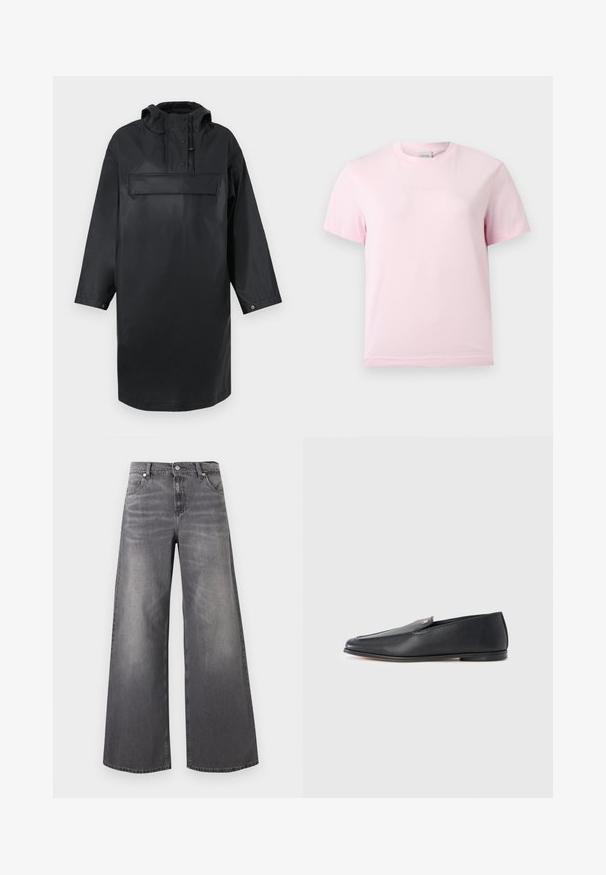 Sort vandtæt oversize parka med høj krave, justerbar hætte, frontlukkede knapper og en stor brystlomme. Glat tekstur.; Lyserød T-shirt med korte ærmer og rund hals med et diskret præget "Calvin Klein"-logo i midten af brystet.; Vidbenede jeans i falmet mørkegråt denim. Har en klassisk talje, fem lommer og diskrete slidte detaljer foran.; Sorte læderloafers med en glat tekstur, rundet tå og subtile syningsdetaljer. Har en guldfarvet logoaccent på oversiden.