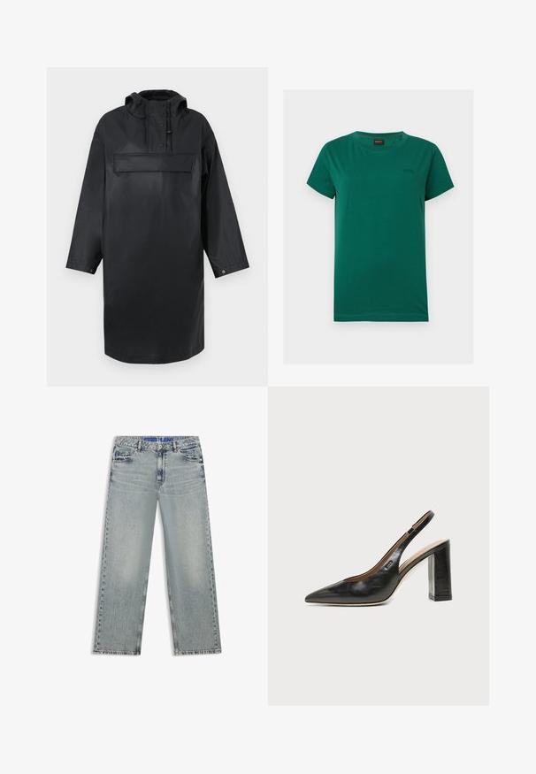 Parka negra impermeable de gran tamaño con un alto cuello, capucha ajustable, tapeta de botones en la parte delantera y un gran bolsillo en el pecho. Textura suave.; Camiseta verde de manga corta con cuello redondo, con pequeño logo en relieve "BOSS" en el pecho izquierdo y una etiqueta negra en el interior del cuello.; Vaqueros de pierna ancha de color azul claro hechos de denim, con zonas desgastadas, cinco bolsillos y una cinturilla azul con marca.; Zapato slingback de piel negra con puntera puntiaguda, tacón alto y ancho, y forro interior beige sobre un fondo claro y liso.