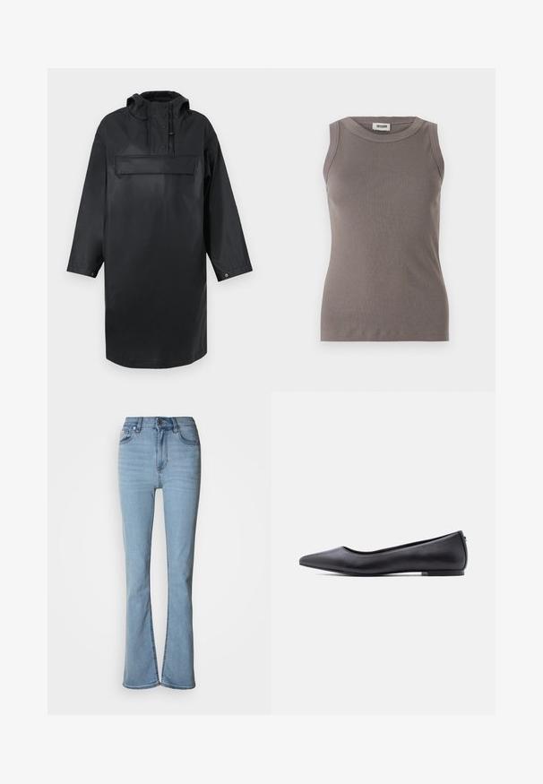 Sort vandtæt oversize parka med høj krave, justerbar hætte, frontlukkede knapper og en stor brystlomme. Glat tekstur.; Grå ribbede tanktop med rund halsudskæring og ærmeløs design, lavet af et blødt, tekstureret stof. Enkel, tætsiddende silhuet.; Lyseblå denimjeans med høj talje, lige ben og en spaltesøm ved anklerne. Har fem lommer og knapgylp.; Sort flad lædersko med spidst tåparti og lav hæl, vist i sideprofil mod en hvid baggrund.
