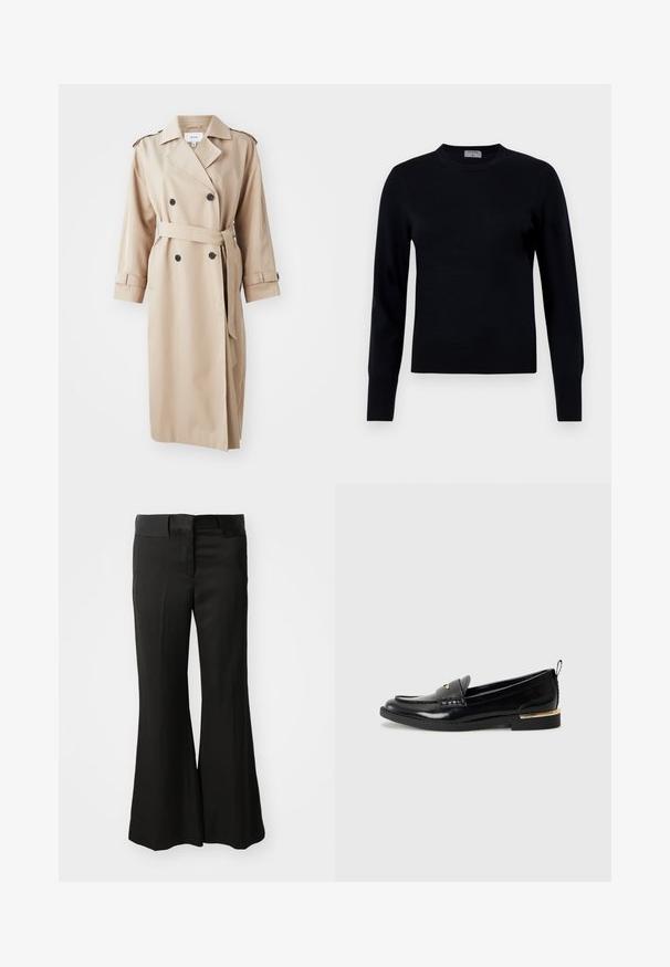 Beige trenchcoat met dubbele knopen aan de voorkant, zwarte knopen, riem in de taille en schouderepauletten; gemaakt van glad materiaal met een relaxte pasvorm.; Zwarte gebreide trui met een ronde hals en lange mouwen. Beschikt over een gladde textuur en ribgebreide boorden, en biedt een klassieke pasvorm en ontwerp.; Zwarte flared broeken van een gladde stof, met een middelhoge tailleband en een strakke, op maat gemaakte uitstraling zonder zichtbare versieringen.; Zwarte lakleren loafers met een afgeronde neus, een decoratieve band en een gouden accent op de hak. Gladde textuur met gestikte details.