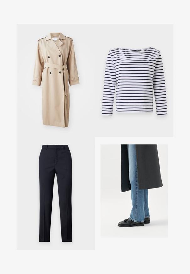 Beige trenchcoat met dubbele knopen aan de voorkant, zwarte knopen, riem in de taille en schouderepauletten; gemaakt van glad materiaal met een relaxte pasvorm.; Gestreepte lange mouwen top in wit en marineblauw, met een bootnek en een ontspannen pasvorm. Gemaakt van zacht katoen met gestikte zomen.; Marineblauwe, op maat gemaakte broek met een rechte snit, met een gladde textuur, twee zijzakken en een schone tailleband.; Zwarte leren instappers met kwastjes, gedragen met lichtblauwe rechtlopende jeans, aangevuld met een donkergrijze jas. Schone lijnen en textiel met structuur.