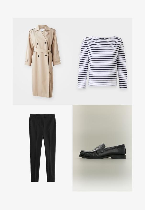 Beige trenchcoat med dobbeltbrystet front, sorte knapper, bælte ved taljen og skulderepauleter; lavet af glat stof med en afslappet pasform.; Stribet langærmet top i hvid og marineblå, med en bådudskæring og en afslappet pasform. Lavet af blødt bomuldsstof med syede kanter.; Sorte bukser lavet af glat stof, med skræddersyet pasform, frontfolder og bæltestropper, samt sidelommer og baglommer.; Sort læder penny loafer med rynket tådetalje og lav stablet hæl, set fra siden på en neutral baggrund.