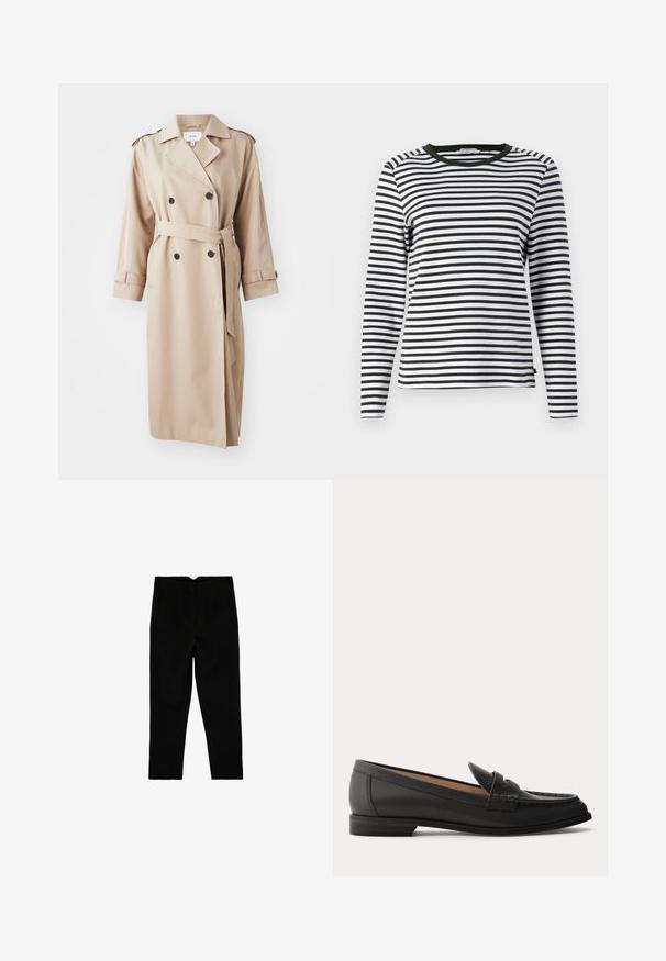 Beige trenchcoat med dobbeltbrystet front, sorte knapper, bælte ved taljen og skulderepauleter; lavet af glat stof med en afslappet pasform.; Langærmet skjorte i sort og hvid stribet design med en rund, grøn halsudskæring. Blødt stof med normal pasform og lige søm.; Sorte skræddersyede ankelkorte bukser med sidelommer og let tilspidset ben, vist fladt på en hvid baggrund.; Sort dames loafer i læder med lav hæl, rundet tå og syninger på overdelen, vist fra siden på en ensfarvet baggrund.