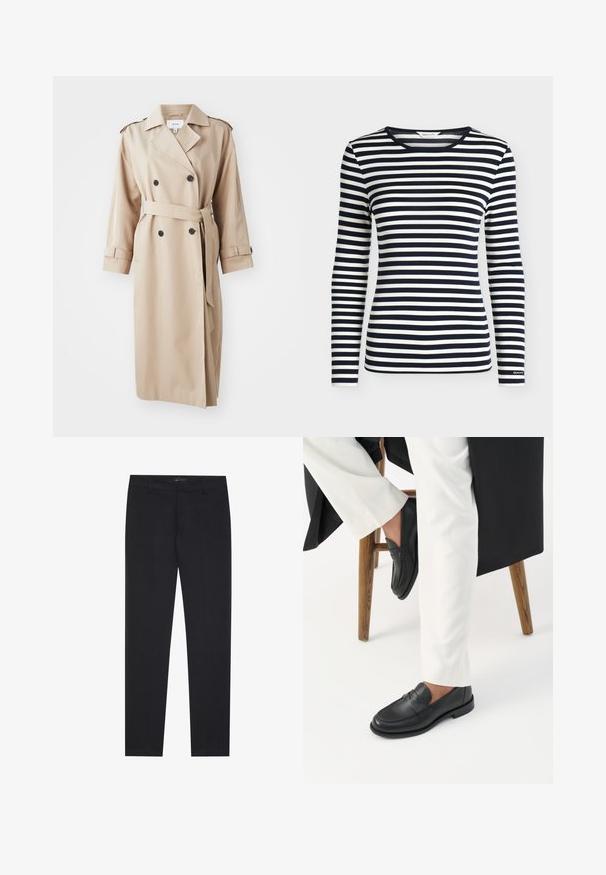 Manteau trench beige avec un devant croisé, des boutons noirs, une ceinture à la taille et des épaulettes aux épaules ; fabriqué en tissu lisse avec une coupe décontractée.; Chemise à manches longues avec des rayures horizontales bleu marine et blanches et un col rond, brandée GANT sur le bord de la manche.; Pantalons formels noirs slim fit avec passants de ceinture et poches avant, conçus pour un look professionnel et ajusté.; Personne portant des mocassins en cuir noir et un pantalon blanc assise sur un tabouret en bois devant un fond blanc.