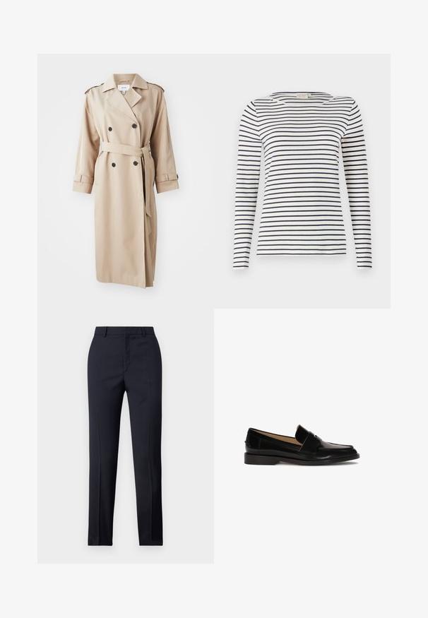 Beige trenchcoat med dobbeltbrystet front, sorte knapper, bælte ved taljen og skulderepauleter; lavet af glat stof med en afslappet pasform.; Langærmet stribet skjorte lavet af blødt stof, med marineblå og hvide vandrette striber, rund halsudskæring og en slim-fit design.; Marineblå skræddersyede bukser med lige snit, der har en glat tekstur, to frontlommer og en ren talje.; Sorte læder loafers med glat finish, afrundet tå og en dekorativ rem over fronten. Lav blokhælsdesign.