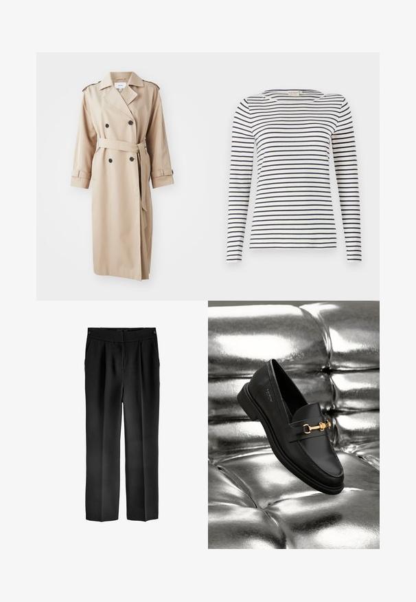Beige trenchcoat met dubbele knopen aan de voorkant, zwarte knopen, riem in de taille en schouderepauletten; gemaakt van glad materiaal met een relaxte pasvorm.; Langsleeve gestreepte shirt gemaakt van zachte stof, met navy en witte horizontale strepen, ronde halslijn en een slim-fit ontwerp.; Zwarte op maat gemaakte broek met een hoge tailleband, twee voorkruiszakken en een recht gesneden ontwerp. Gemaakt van een gladde stof met een matte afwerking.; Zwarte leren instapper met een goudkleurig hardware-detail. De schoen heeft een strak ontwerp en een gladde, glanzende textuur.