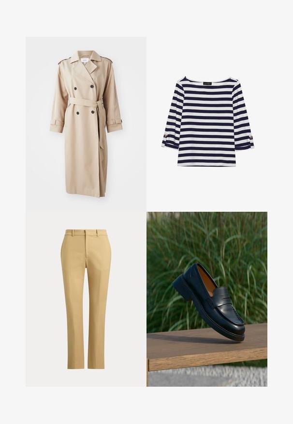 Manteau trench beige avec un devant croisé, des boutons noirs, une ceinture à la taille et des épaulettes aux épaules ; fabriqué en tissu lisse avec une coupe décontractée.; Haut rayé bleu marine et blanc à manches longues avec un col bateau et des accents de boutons dorés sur les manches retroussées. Tissu doux, coupe décontractée.; Pantalon beige droit avec passants de ceinture, fermeture éclair à l'avant et plis sur mesure sur un fond clair uni.; Mocassin en cuir noir flottant au-dessus d’un banc en bois avec une haute herbe verte en arrière-plan.