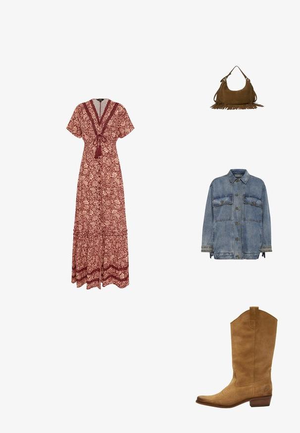 Jeansjacke in Hellblau mit zwei Brusttaschen, bronzenen Knöpfen und Nietenakzenten an den Ärmeln und dem Saum. Hat eine lockere Passform.; Maxikleid mit kurzen Ärmeln, tiefem V-Ausschnitt, weinrotem Blumenmuster auf Beige, tailliert mit Quastenbindung und gestuftem Saum mit Spitzenbesatz.; Braune Wildleder-Cowboystiefel mit hohem Schaft, spitzer Zehenform und dezenten weißen Nähten. Verfügt über ein gemustertes Detail nahe der Ferse und einen gestapelten Holzabsatz.; Braune Wildlederhandtasche mit Tragegriff oben und langen Fransen entlang der Seiten und am Boden vor weißem Hintergrund.