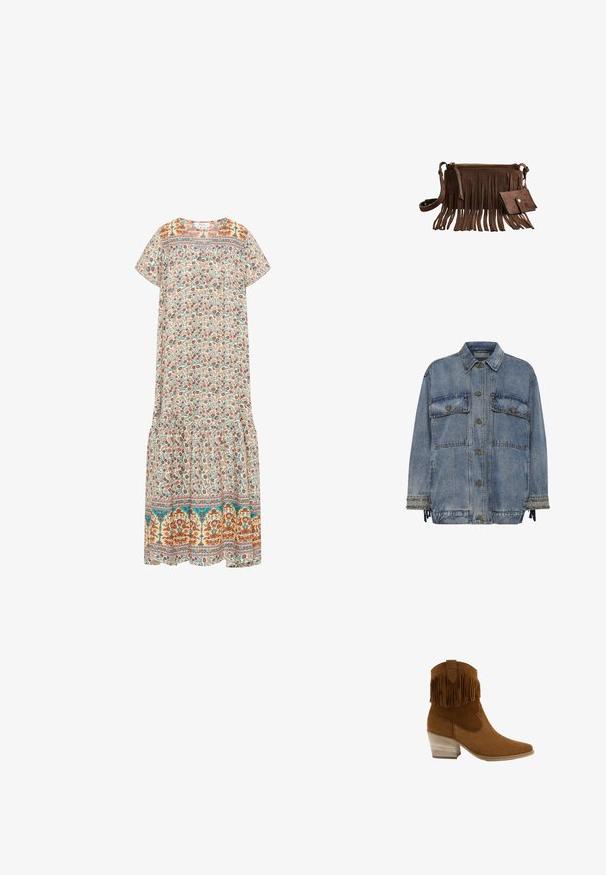 Leren jasje in lichtblauw met twee borstzakken, bronzen knopen en studaccenten op de manchetten en de zoom. Heeft een ontspannen pasvorm.; Floral maxi-jurk met een roomkleurige achtergrond, kleurrijke bloemenpatronen, korte mouwen, een ronde halslijn en een rucheszoom.; Paul Green Cowboy-/Bikerlaarsjes - braun; Bruine suède crossbodytas met lange franjes en een bijpassende kleine portemonnee, beide met goudkleurige hardware.
