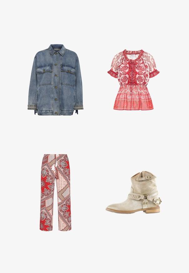 Leren jasje in lichtblauw met twee borstzakken, bronzen knopen en studaccenten op de manchetten en de zoom. Heeft een ontspannen pasvorm.; Rode en roze gebloemde blouse met rimpel mouwen, trekkoord hals en een overall vloeiende ontwerp gemaakt van lichtgewicht, doorzichtige stof.; Rode en roze geblokte broek met een trekkoord in de taille en witte kwastjes; bevat ingewikkelde paisley- en geometrische ontwerpen.; Beige suède enkelboot met decoratieve banden, metalen studs en leren zool, voorzien van een lage houten hak en een rond metalen ringdetail.