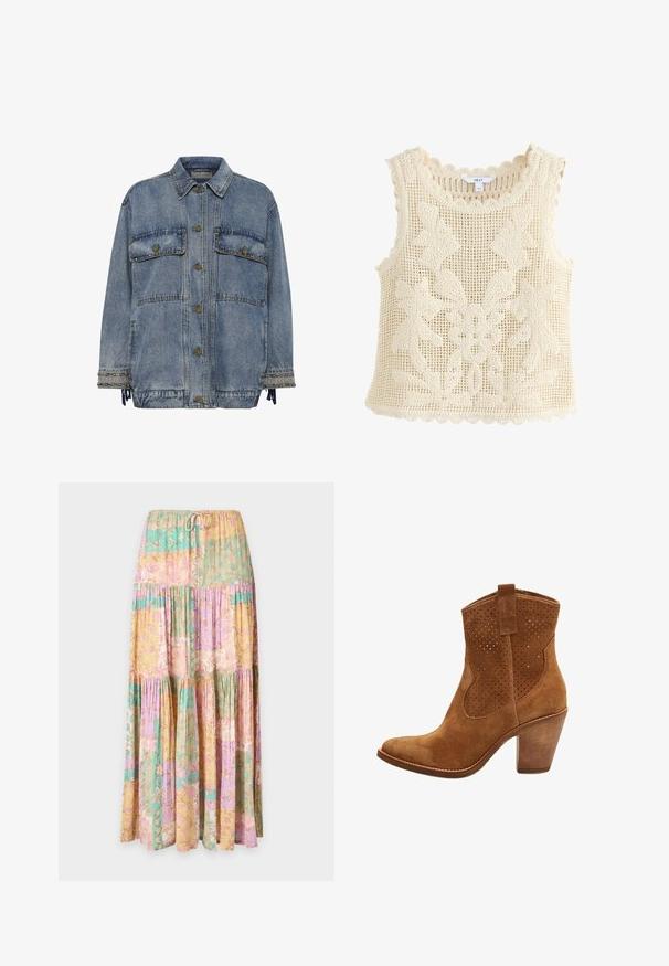 Jeansjacke in Hellblau mit zwei Brusttaschen, bronzenen Knöpfen und Nietenakzenten an den Ärmeln und dem Saum. Hat eine lockere Passform.; Cremafarbenes ärmelloses Häkeloberteil mit Blumenmustern und geschwungenen Rändern, mit einem "NEXT" Markenlabel am Halsausschnitt.; Langer Stufenrock mit Kordelzugbund, mit pastellfarbenen Blöcken in Gelb, Pink, Lila und Grün mit Blumenmuster.; Brauner Wildleder-Knöchelboot mit mittlerer Höhe, perforiertem Obermaterial, abgerundeter Spitze, Zuglasche und robustem Blockabsatz.