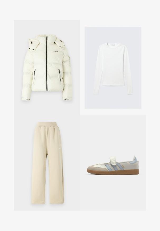 Chaqueta acolchada blanca con cuello alto, cierre de cremallera, bolsillos con cremallera y puños ajustables. Presenta el logotipo de la marca en negro en el frente.; Camiseta blanca lisa de manga larga con cuello redondo y corte ajustado, mostrada sobre un fondo gris claro.; Pantalones de chándal de pierna ancha en color beige, confeccionados en una tela suave, con cinturilla elástica, bolsillos laterales y pequeño logo bordado.; adidas Originals SAMBA JANE BALLERINA - Bailarinas con hebilla - cloud white/halo blue