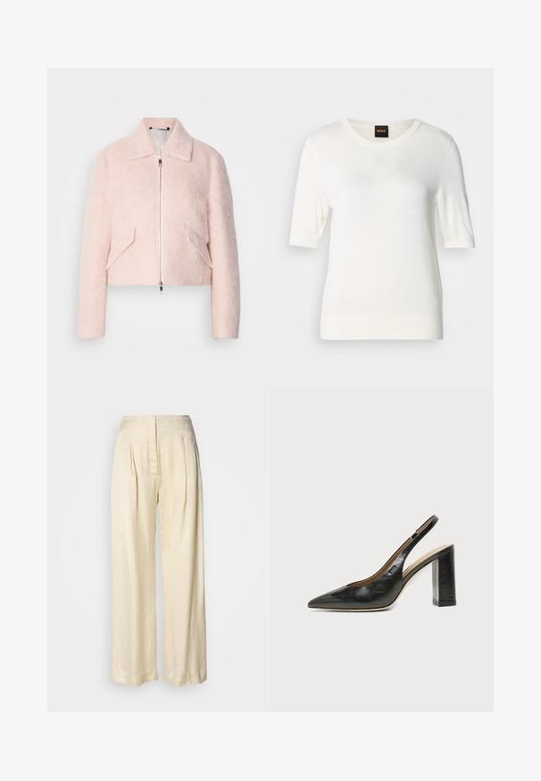 Veste courte rose pâle en mélange de laine douce, avec fermeture éclair à l'avant, col et deux poches latérales inclinées. Texture lisse et design minimaliste.; Pull tricot blanc à manches courtes avec encolure ronde, ourlet et poignets côtelés, présentant un petit logo sur le bas côté gauche.; Pantalon en soie crème taille haute avec plis, jambes larges et fermeture éclair avant dissimulée sur un fond blanc uni.; Chaussure slingback en cuir noir à bout pointu avec un talon bloc haut et une doublure intérieure beige sur un fond clair uni.