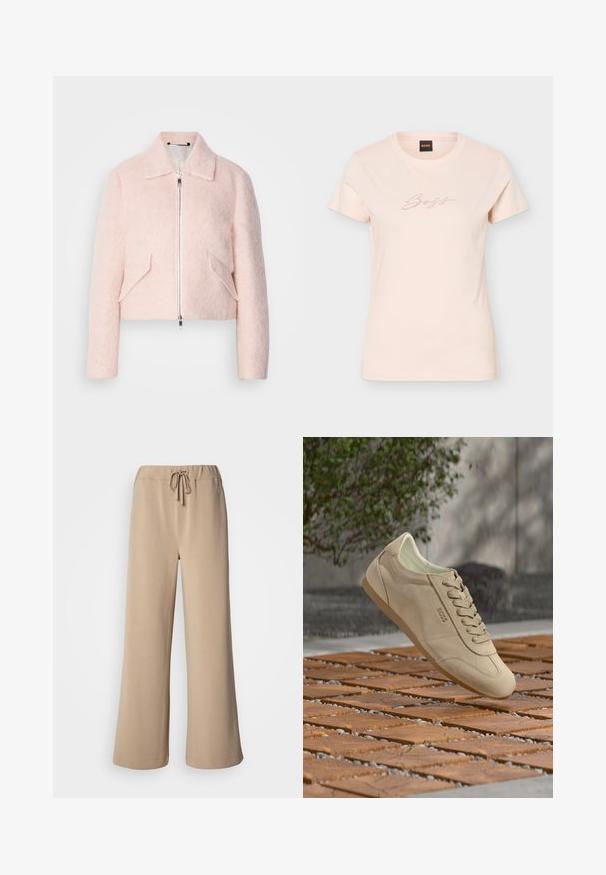 Veste courte rose pâle en mélange de laine douce, avec fermeture éclair à l'avant, col et deux poches latérales inclinées. Texture lisse et design minimaliste.; T-shirt pour femme beige clair à manches courtes avec col rond et inscription "Boss" en petit script pointillé sur la poitrine.; Pantalon beige à jambes larges avec une ceinture élastique et un cordon de serrage. Confectionné dans un tissu doux à la texture lisse, avec un ourlet surpiqué.; Baskets en daim beige avec lacets et logo « BOSS », flottant au-dessus d'une surface carrelée avec de la verdure et des ombres en arrière-plan.