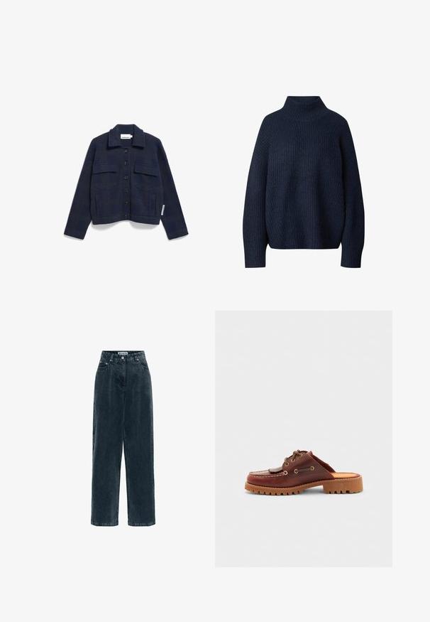Marineblauwe cropped jack gemaakt van gestructureerde stof, met een sluiting aan de voorkant met knopen, twee borstzakken en een klassieke kraag.; Marineblauwe coltrui van ribgebreide stof. Heeft lange mouwen en een relaxte pasvorm, met een gestructureerd oppervlak en een lichte uitstraling.; Minimum AIYAS - Straight leg jeans - legion blue; Bruine lederen instapschoen in mokassinstijl, met decoratieve veters, gouden oogjes en een textuur rubberen zool.